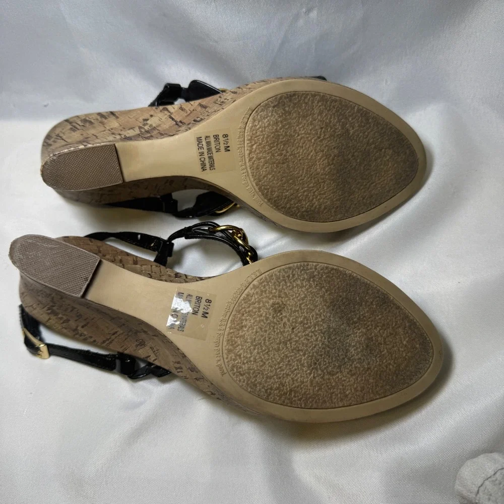 Rampage Briton Women's Black Patent Gold Chain‎ Cork Wedge Sandals Size 8.5 M